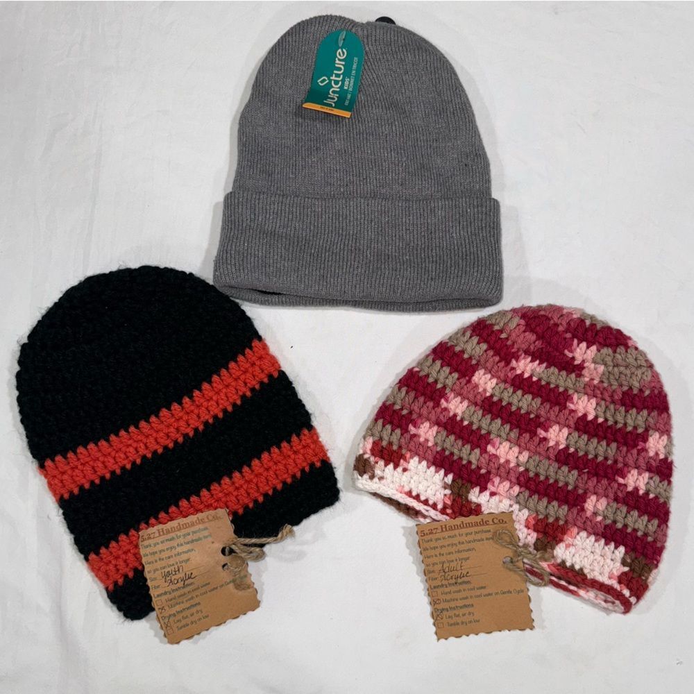 Gray Beanie and Two Handmade Crochet Hats bundle